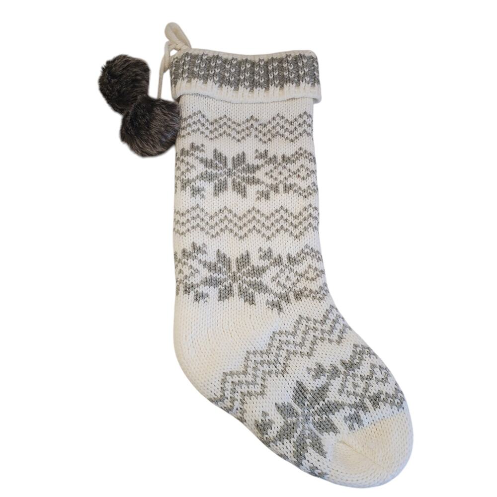 Wondershop Sweater Knit Stocking Silver Accents Gray White Snowflake Pom Poms